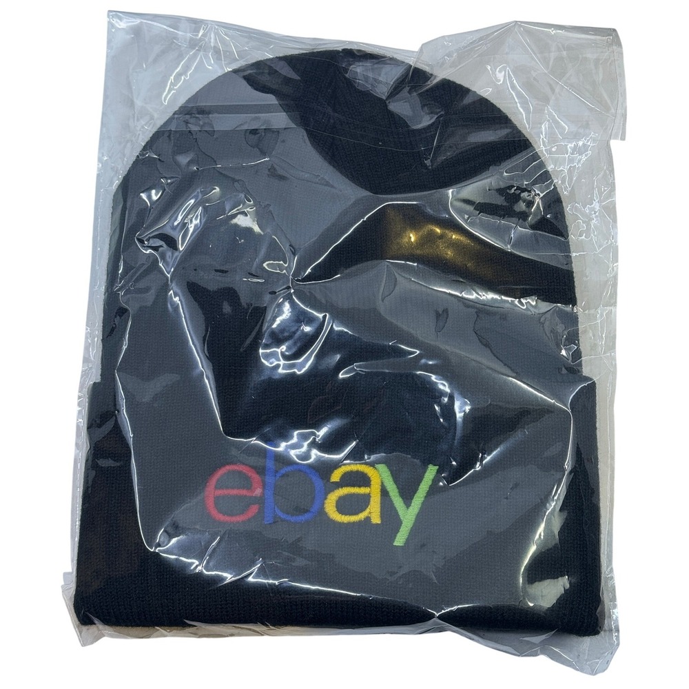 eBay Logo Knit Beanie Hat Black Embroidered Cuffed Winter Cap New
